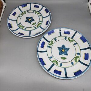 Set Of 2 Caleca 11 3/8" Dinner Plate Blue Flower Green Leaves Italy Pair